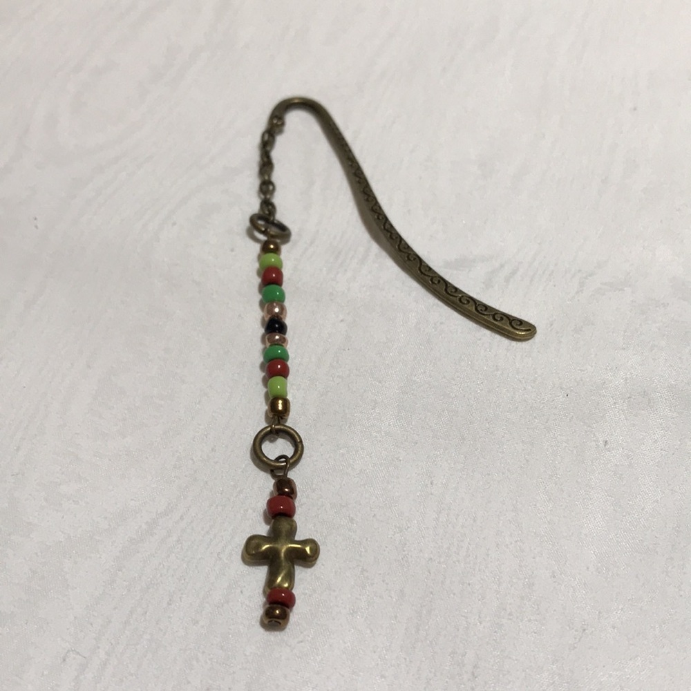 Metal Shepherd's Hook Bookmark w/Chain, Metal Cross Bead, & Glass Seed Beads - Picture 7 of 9